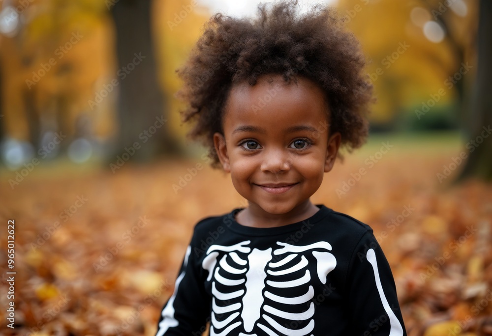 Halloween Fun Black African American Girl in Skeleton Costume with Autumn Leaves Halloween Fun Black African American Girl in Skeleton Costume with Autumn Leaves