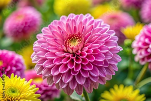 Closeup of a vibrant pink chrysanthemum flower with soft petals and a yellow center against a blurred background of other flowers and green foliage, blurred background, closeup, pink