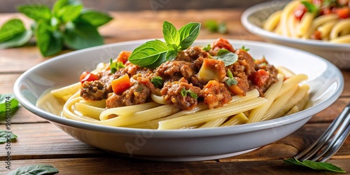 Italian pasta dish with a succulent cherry meat topping garnished with a fresh sprig of mint, cooking, culinary, meal, fresh, cherry, traditional, red meat, herbs, recipe, tomato sauce, mint