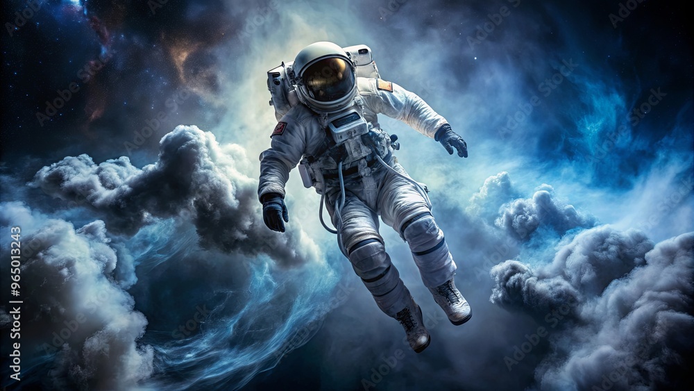 A dramatic stock photo featuring an astronaut floating in space with smoke behind him and a black background A dramatic stock photo featuring an astronaut floating in space with smoke behind him and a black background