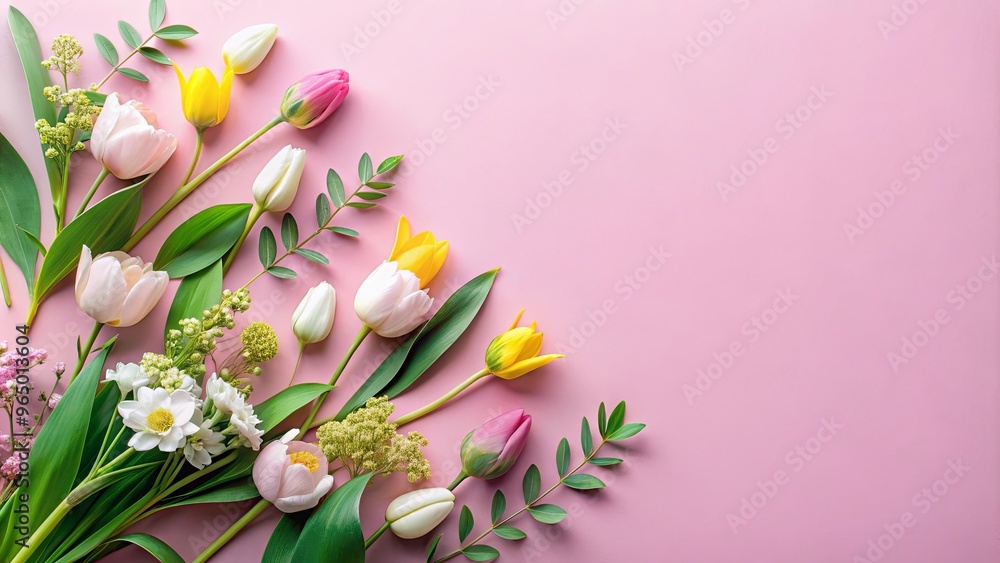 Minimalist flat lay of spring flowers and green leaves on pastel pink backdrop Minimalist flat lay of spring flowers and green leaves on pastel pink backdrop