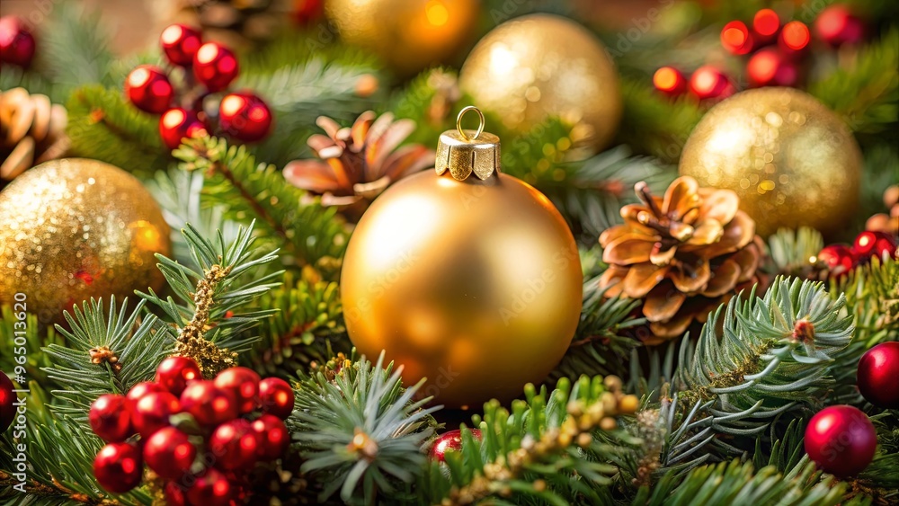 Close up of a golden bauble on a Christmas wreath, surrounded by festive decorations Close up of a golden bauble on a Christmas wreath, surrounded by festive decorations