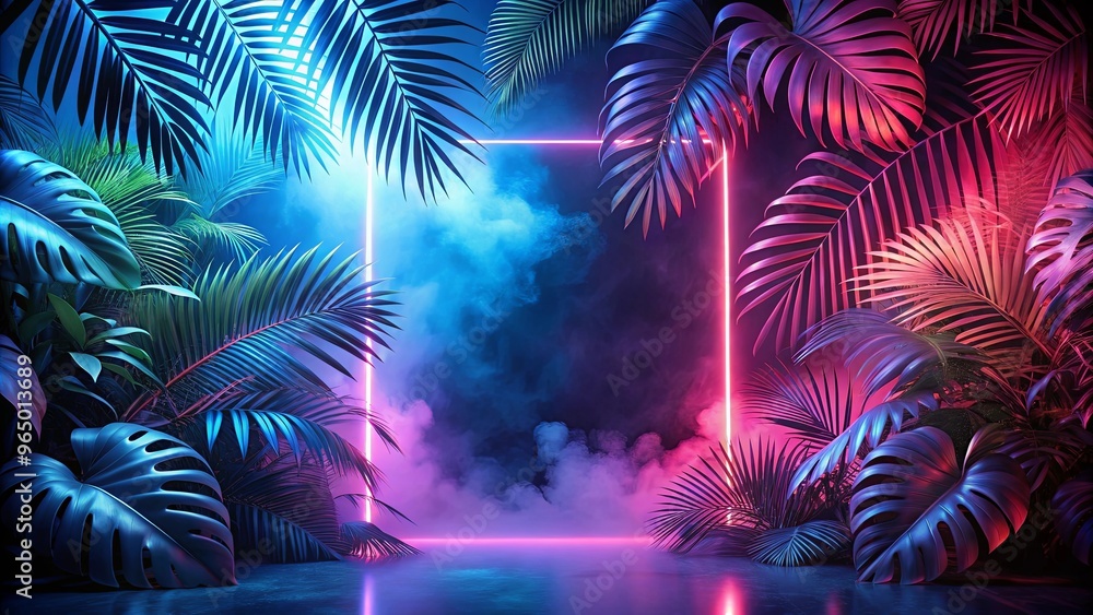 Futuristic abstract background with neon lights, shapes, smoke, and tropical palm leaves silhouettes Futuristic abstract background with neon lights, shapes, smoke, and tropical palm leaves silhouettes
