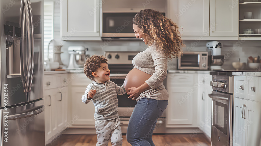 Pregnant woman and child dancing in kitchen Pregnant woman and child dancing in kitchen