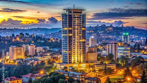 Fototapeta Naklejka Na Ścianę i Meble -  A detailed close up photo of a Kigali downtown skyscraper on top of the hill at dusk showcasing its sleek modern architecture and the vibrant city lights below, evening, panoramic view