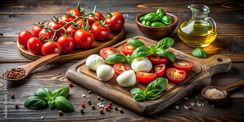 Fresh ingredients for a classic caprese salad arranged on a wooden cutting board