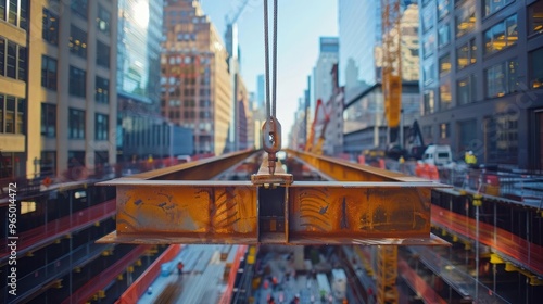 A close-up view of a steel beam being lifted by a crane in an urban construction site against a backdrop of skyscrapers. photo