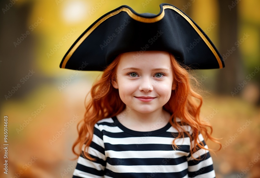 Halloween Redhead Girl in Pirate Costume with Autumn Leaves and Festive Vibes Halloween Redhead Girl in Pirate Costume with Autumn Leaves and Festive Vibes