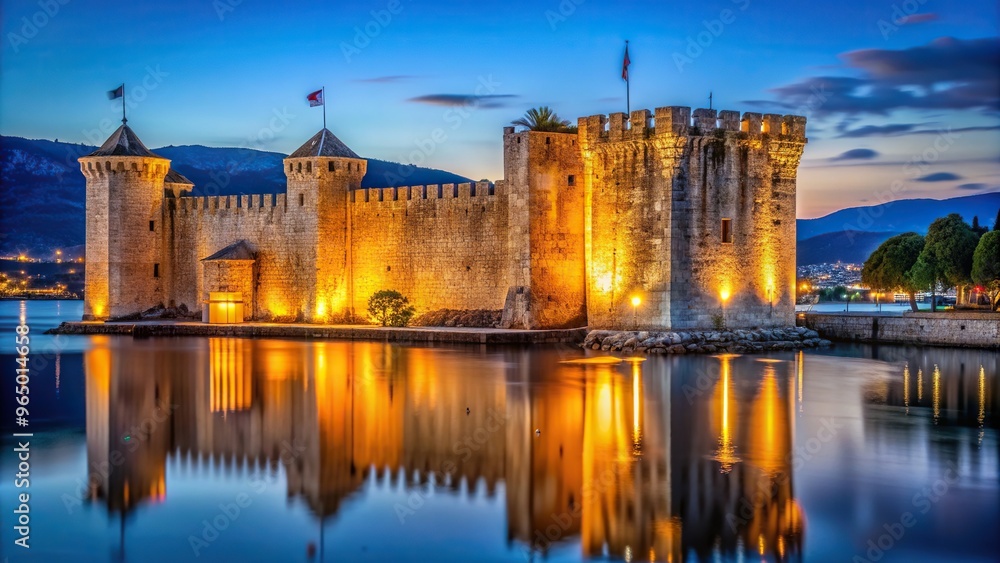 Fototapeta premium historical, Medieval Castle of Kamerlengo in Trogir illuminated in the night offering a mesmerizing view of the fortress its towering walls and majestic architecture