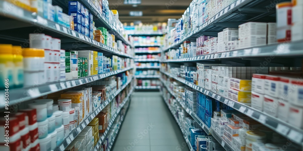Well-Organized Drugstore Aisle with Neatly Arranged Over-the-Counter Medications Well-Organized Drugstore Aisle with Neatly Arranged Over-the-Counter Medications