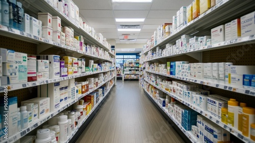 Well-Organized Drugstore Aisle with Neatly Arranged Over-the-Counter Medications