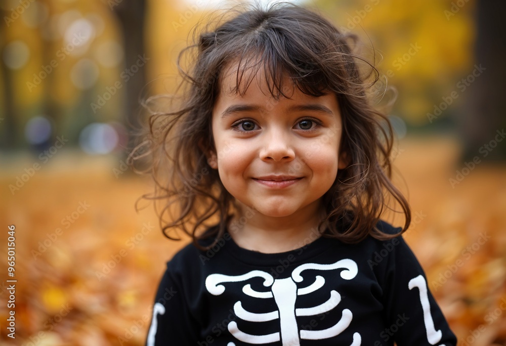 Halloween Skeleton Costume Middle Eastern Girl in Autumn Leaves