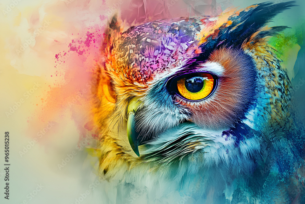 A close-up portrait of an owl with vibrant, colorful, watercolor-like details. A close-up portrait of an owl with vibrant, colorful, watercolor-like details.