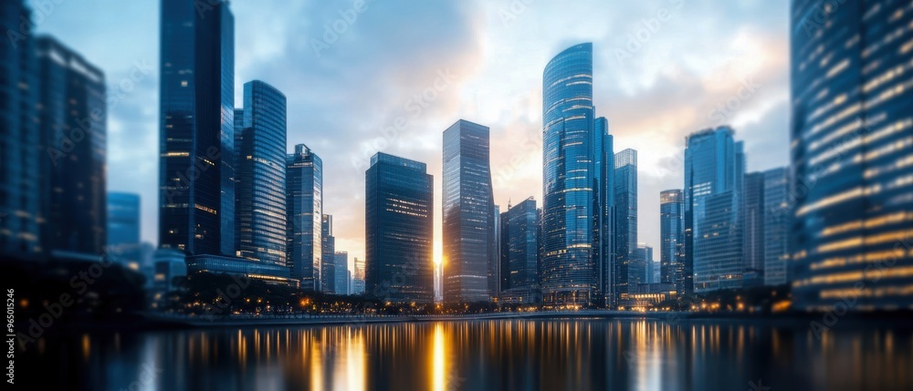Fototapeta premium Stunning skyline at dusk with modern skyscrapers reflecting on serene water, showcasing urban beauty and architectural elegance.