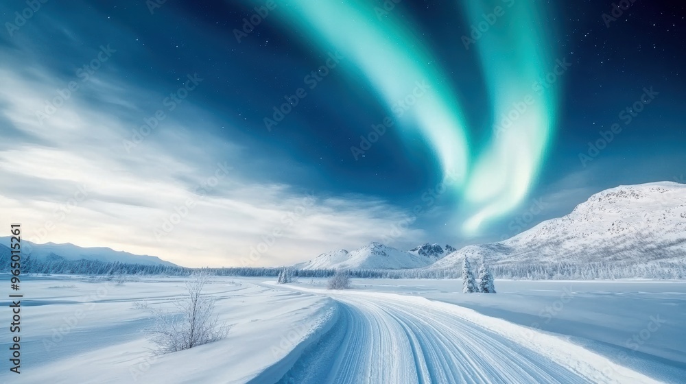 Stunning auroras illuminate the night sky over a serene winter landscape with snow-covered mountains and winding roads. Stunning auroras illuminate the night sky over a serene winter landscape with snow-covered mountains and winding roads.