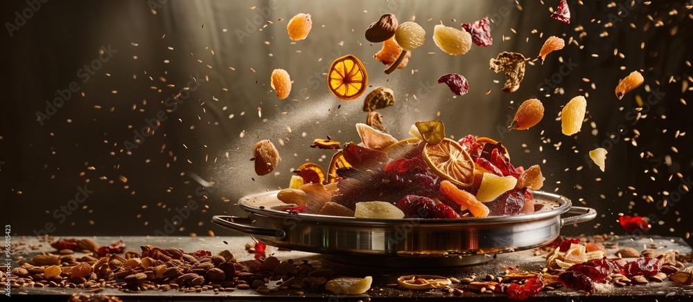 Fresh nuts and dried fruits in a bowl on the background of the kitchen.Food art for presentation and advertising of your business Fresh nuts and dried fruits in a bowl on the background of the kitchen.Food art for presentation and advertising of your business