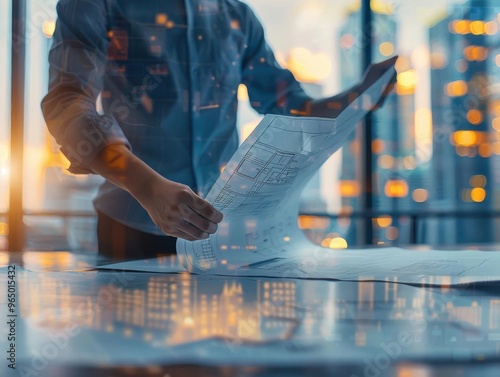 A professional analyzing blueprints in a modern office with city view, focused on architectural planning and design. photo