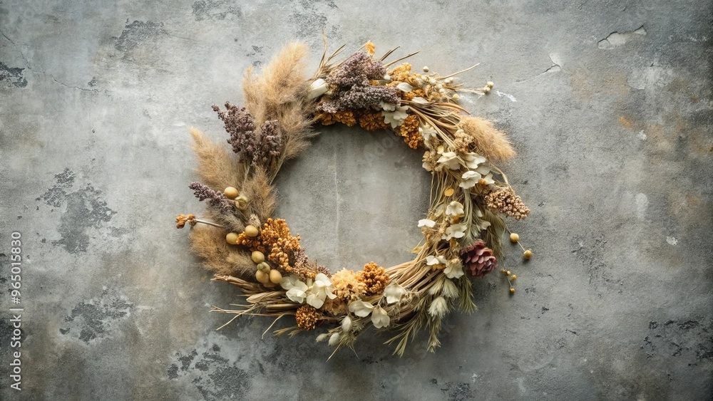 Fototapeta premium Dry floral wreath on gray concrete surface, rustic decoration, nature-inspired, minimalist design, home decor, textured background