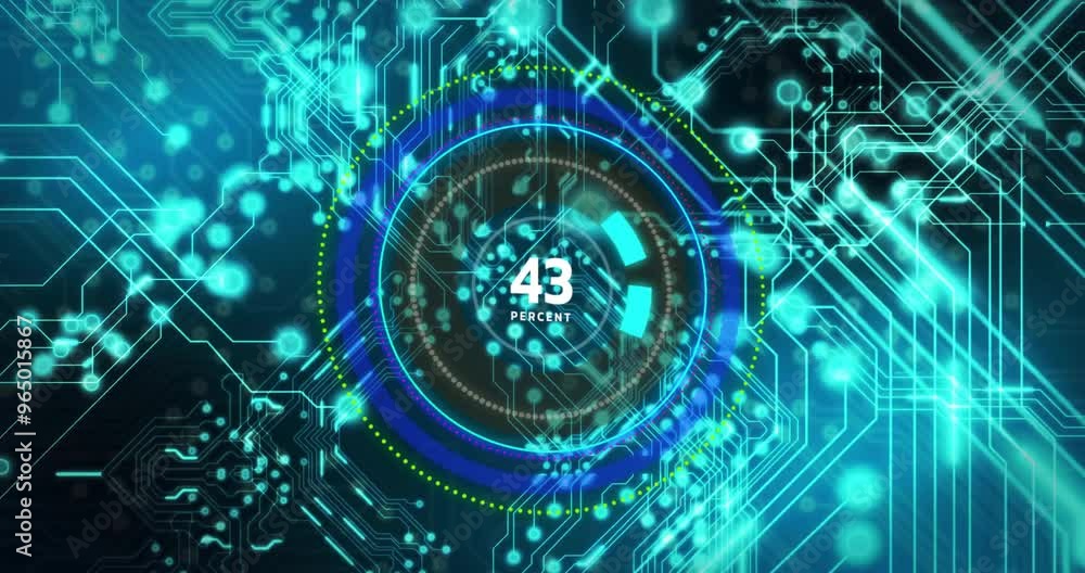 Animation of speedometer numbers and data processing over circuit board on black background Animation of speedometer numbers and data processing over circuit board on black background
