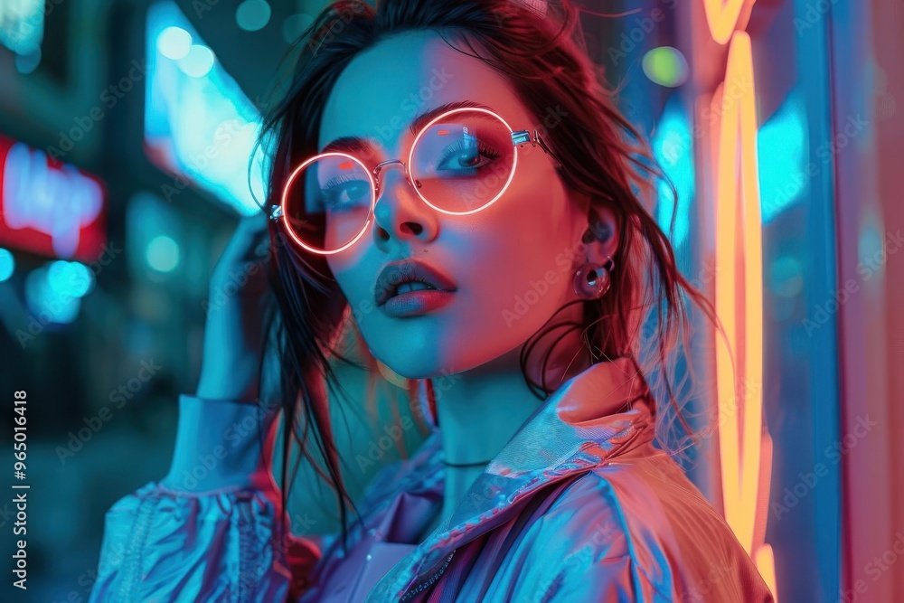 A stylish woman poses under neon lights, wearing round glasses and a trendy jacket, exuding confidence and modernity. A stylish woman poses under neon lights, wearing round glasses and a trendy jacket, exuding confidence and modernity.
