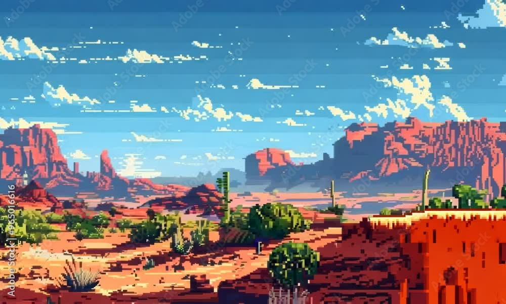 A pixel art rendition of a tranquil desert landscape with towering cacti, a shimmering mirage in the distance, and a lone cactus skeleton in the foreground. Video