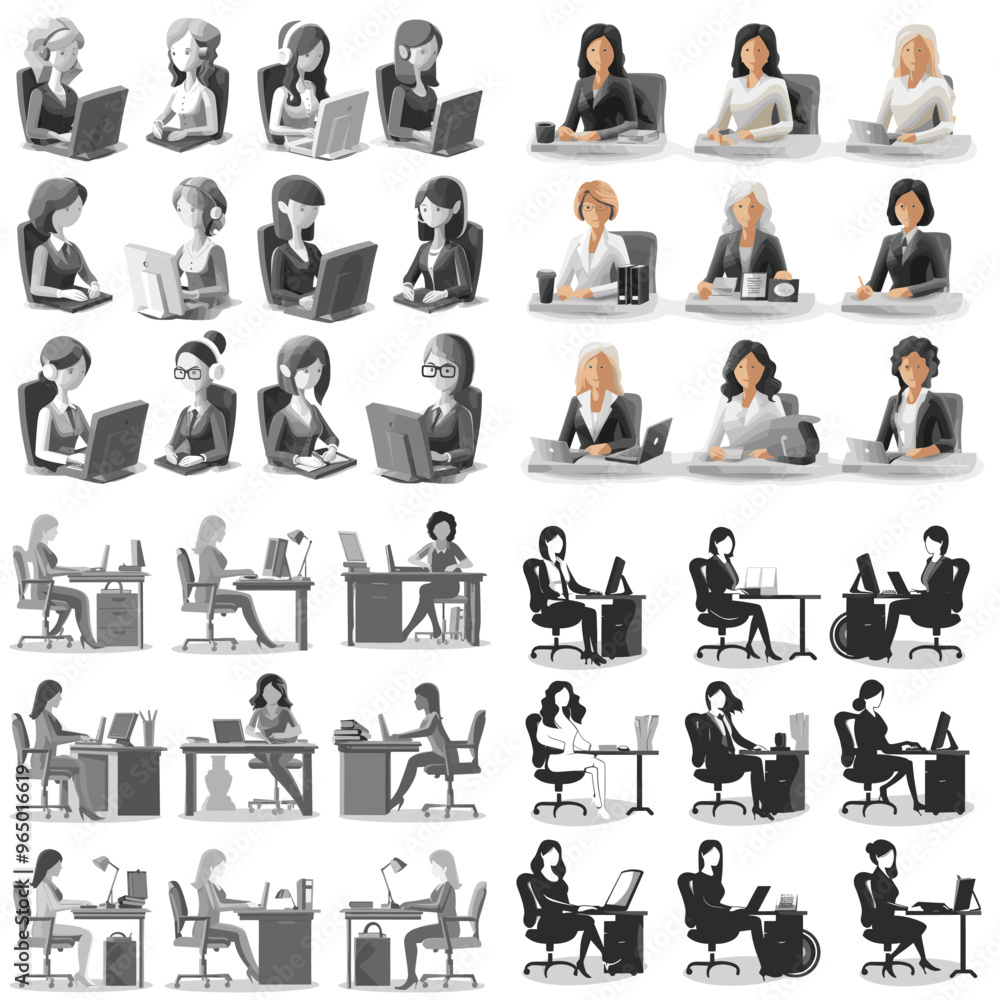 A collection of women in office settings, some sitting at desks and others in chairs. The mood of the images is professional and focused on work A collection of women in office settings, some sitting at desks and others in chairs. The mood of the images is professional and focused on work