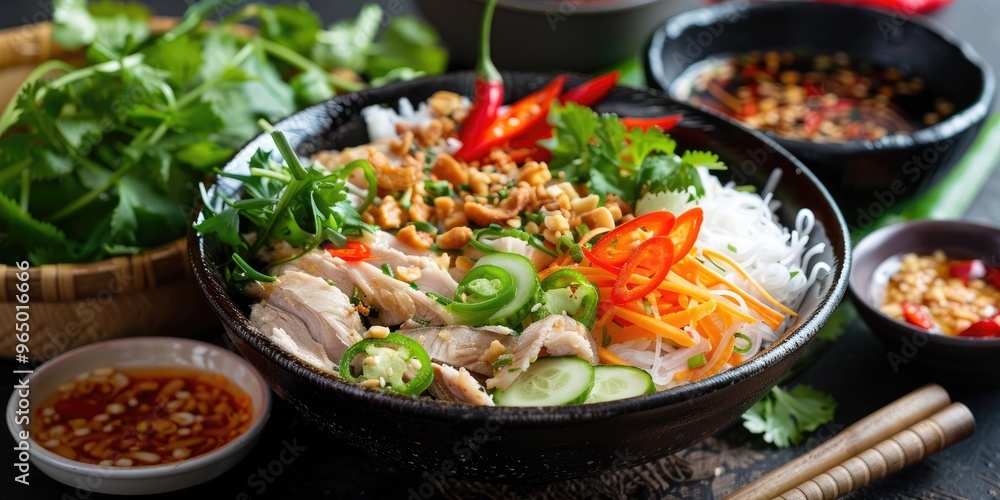 Fototapeta premium Close-up shot of authentic chicken rice presented in a studio environment.