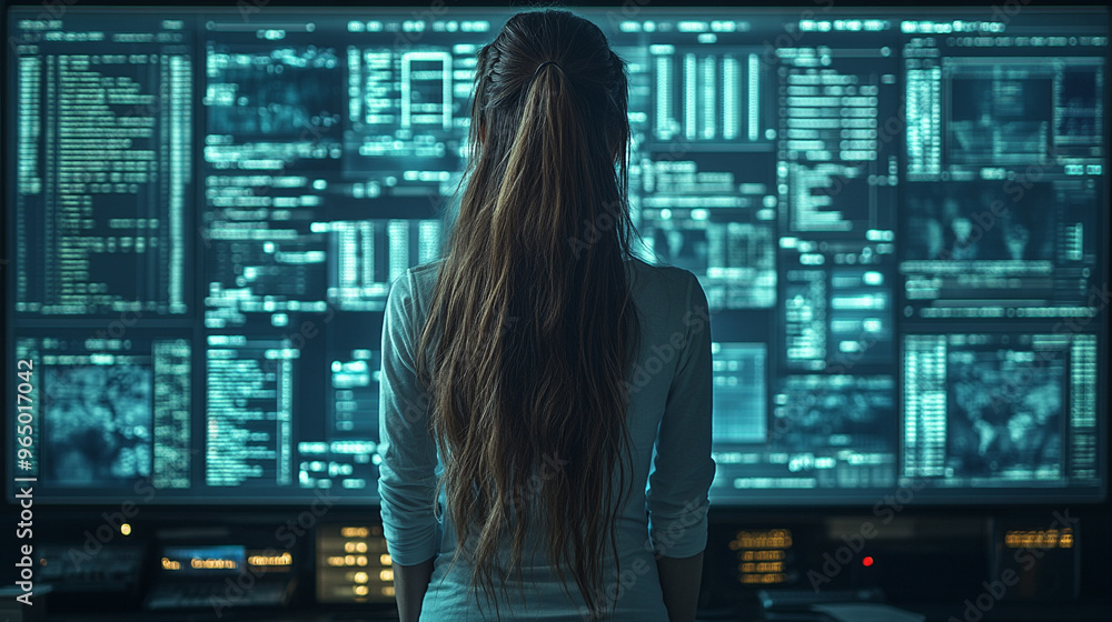 woman examines digital screens, reflecting a futuristic approach to technology and innovation. Her focused gaze suggests deep analysis and the pursuit of advanced solutions woman examines digital screens, reflecting a futuristic approach to technology and innovation. Her focused gaze suggests deep analysis and the pursuit of advanced solutions