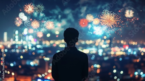 Silhouette of man looking at fireworks. Fireworks background