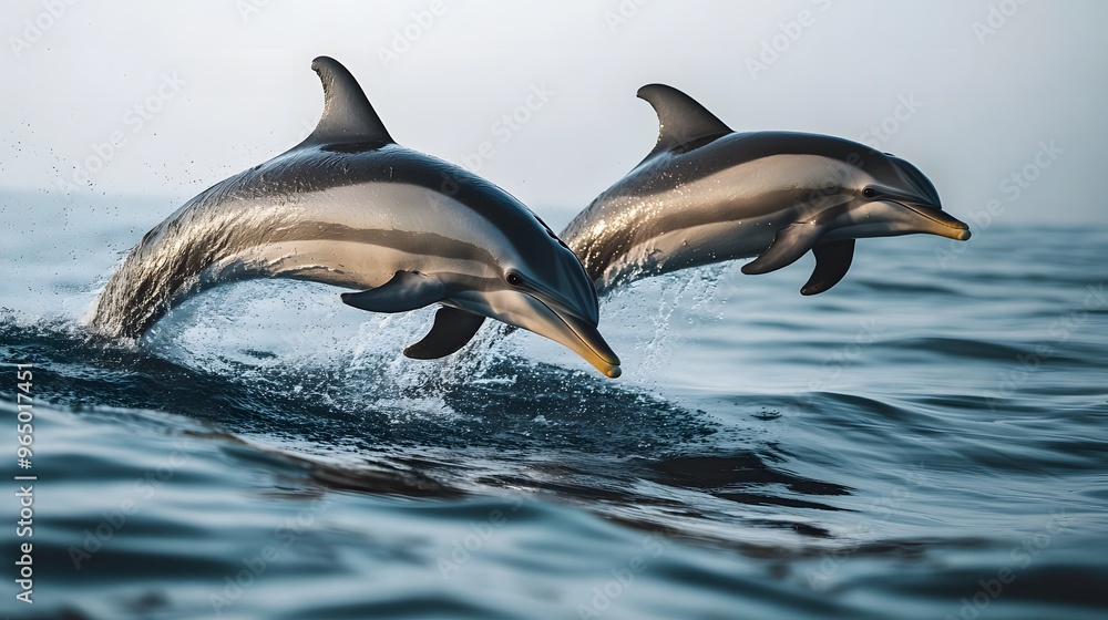 Fototapeta premium Two Dolphins Jumping Out of the Ocean on a Sunny Day.