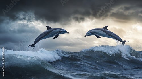 Two Dolphins Jumping Out of the Ocean on a Sunny Day.