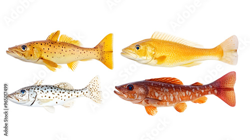 Four Different Colorful Fish Isolated on Transparent Background, PNG Format