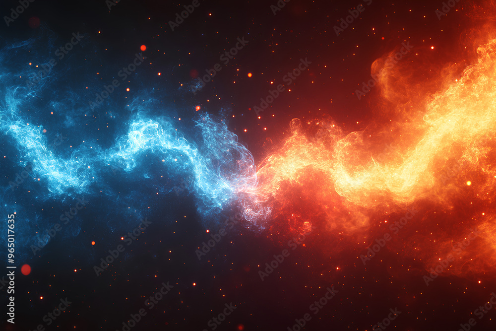 Obraz premium A abstract background with blue and orange flames on a dark background with light particles.