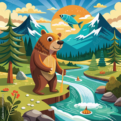 A  bear catching fish in a river stream  vector illustration