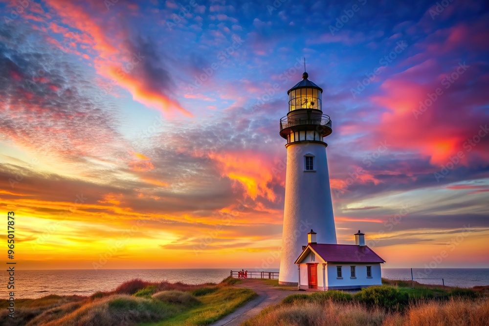 Naklejka premium tall, backdrop, colorful, evening sky, scene, serene, A serene lighthouse stands tall against the backdrop of a colorful evening sky creating a picturesque scene