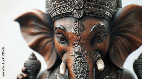 A lifelike 3D close-up of Lord Ganesha's face, with a slight, knowing smile, focusing on the intricate details of his trunk, the deepness of his gaze, and the finely crafted elements of his crown