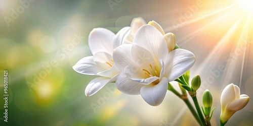 botanical, closeup, fresh,freesia, nature, soft sunlight, sunlight, photography, spring, Delicate white freesia blossom illuminated by the soft sunlight captured in a closeup macro shot