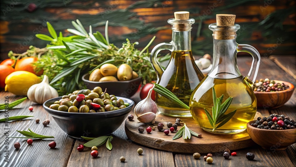 An elegant olive oil table set with spices, herbs, and olives An elegant olive oil table set with spices, herbs, and olives