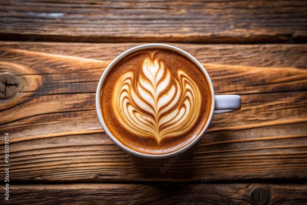 A hot cappuccino with intricate latte art is placed on a rustic wooden background creating a visually appealing panoramic composition, latte, tasty, wood background, barista, latte art A hot cappuccino with intricate latte art is placed on a rustic wooden background creating a visually appealing panoramic composition, latte, tasty, wood background, barista, latte art