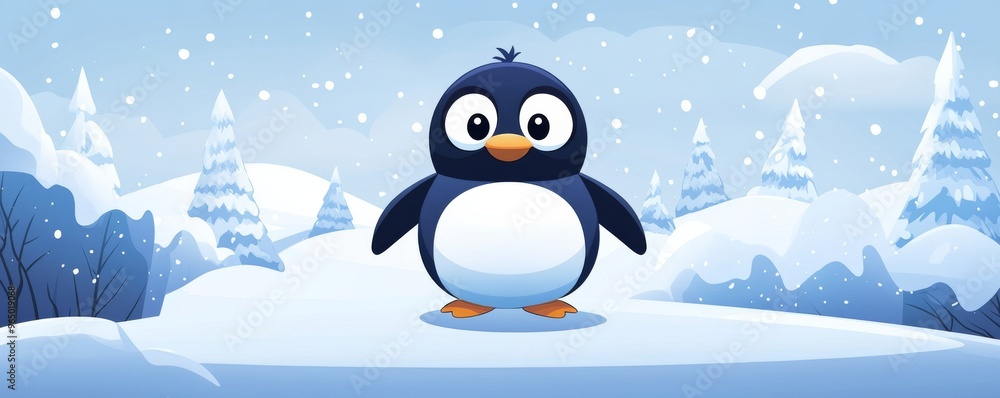 Naklejka premium Cute cartoon penguin in snowy winter landscape, joyful animal illustration concept