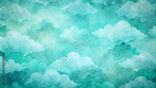 Abstract teal cloud pattern with light blue-green abstract shapes on textured watercolor background