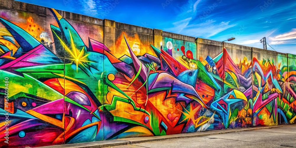 Colorful abstract graffiti on concrete wall livening up the urban landscape Colorful abstract graffiti on concrete wall livening up the urban landscape
