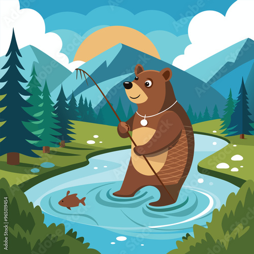 A  bear catching fish in a river stream  vector illustration