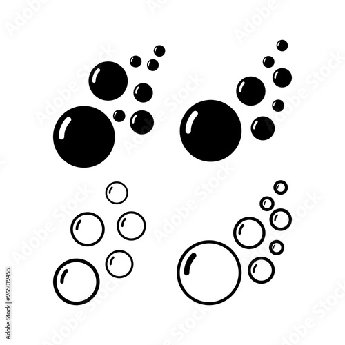 Sparkling water, water drops. Cartoon bath soap with lather silhouette. Soap with foam and bubbles. Vector icon or symbol