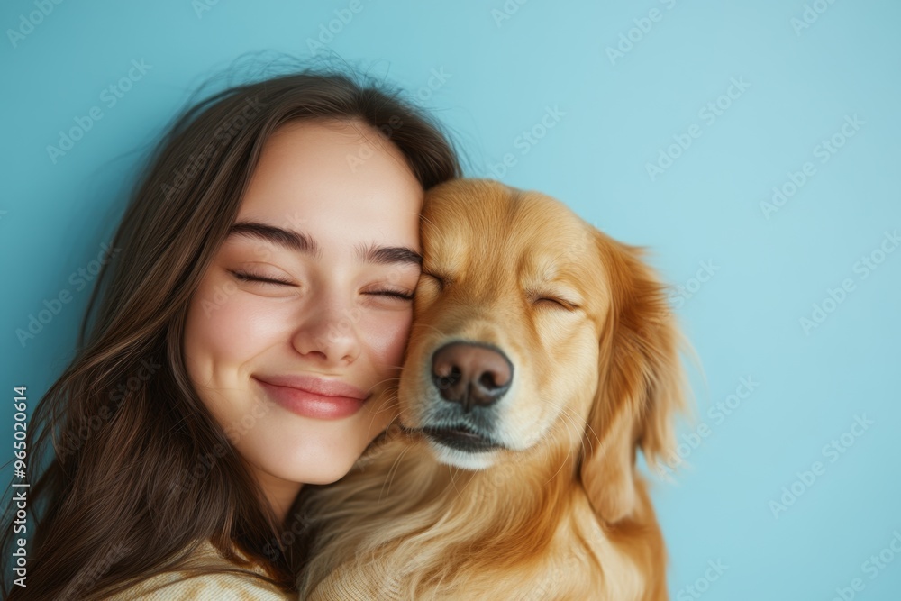 Girl hugging a happy golden retriever on a blue background Girl hugging a happy golden retriever on a blue background