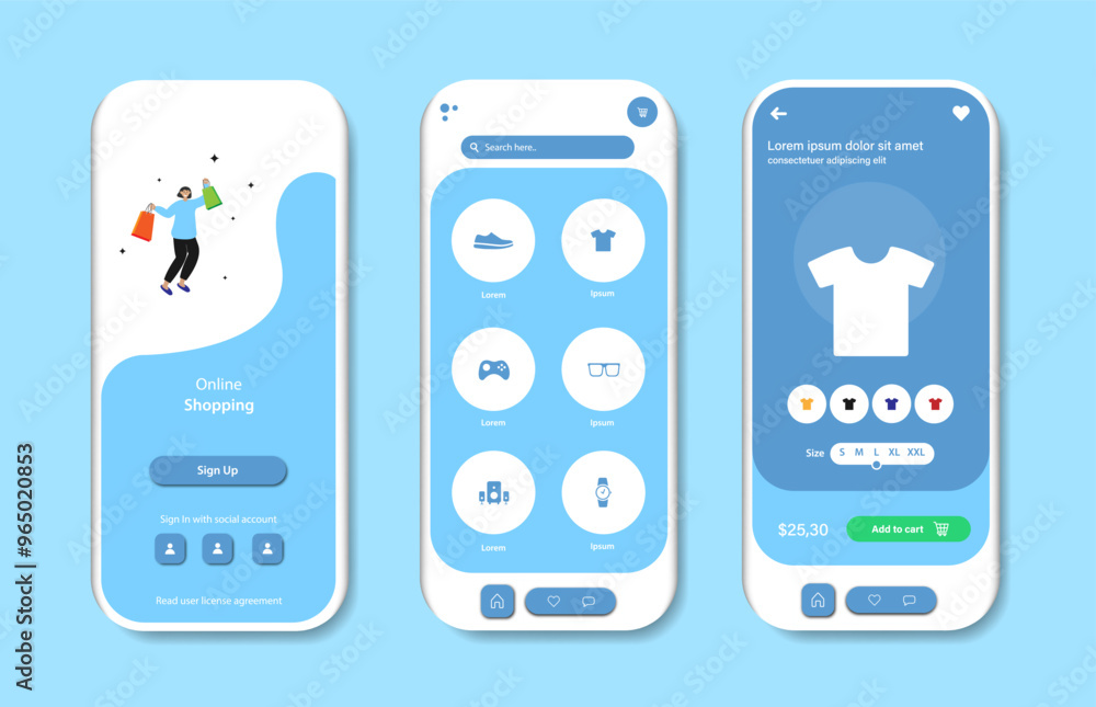 Online shopping design for mobile app. Shopping platform screens with product. Graphical user interface for responsive mobile application Online shopping design for mobile app. Shopping platform screens with product. Graphical user interface for responsive mobile application