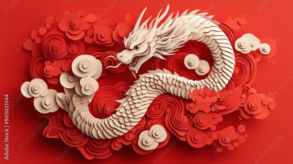 Mythical Fusion: King Cobra with Dragon Tail in Intricate Paper Cut Art for Chinese New Year Celebration, generative AI Mythical Fusion: King Cobra with Dragon Tail in Intricate Paper Cut Art for Chinese New Year Celebration, generative AI