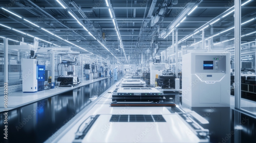 Obraz premium Engineers at a battery factory inspect large, advanced lithium-ion batteries, ensuring high-quality production for electric cars in a sleek, modern facility.