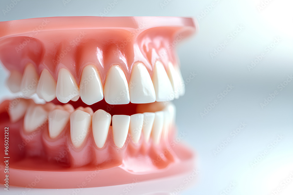 Close-up of a plastic dental model showing healthy white teeth and gums. Close-up of a plastic dental model showing healthy white teeth and gums.