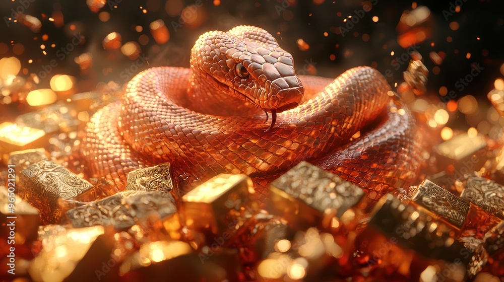 Wealth and Fortune: Fiery Snake Entwined with Chinese Ingots in Spectacular 3D Illustration, generative AI Wealth and Fortune: Fiery Snake Entwined with Chinese Ingots in Spectacular 3D Illustration, generative AI